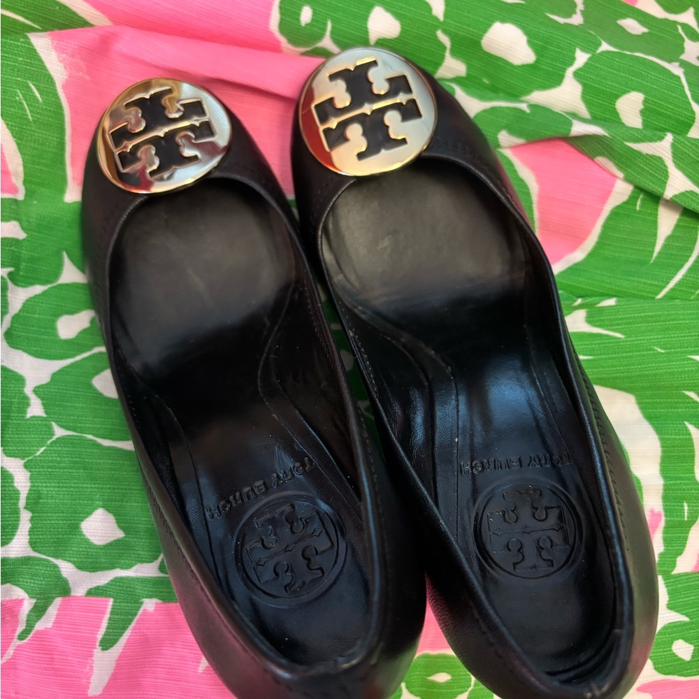 Tory Burch Black Leather Wedges w/ Gold Logo